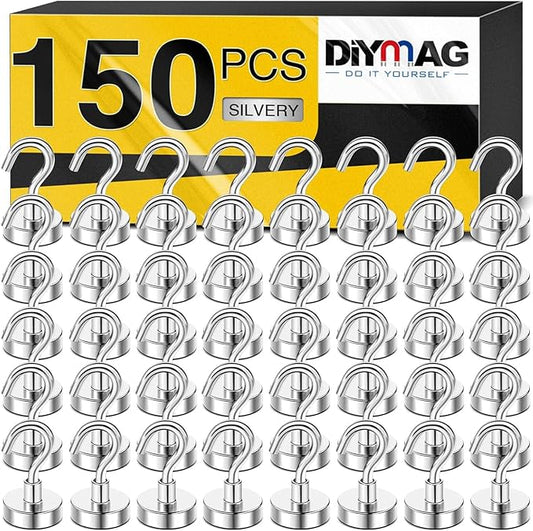 DIYMAG Magnetic Hooks, 30Lbs Strong Heavy Duty Cruise Magnet S-Hooks for Classroom, Fridge, Hanging, Cabins, Grill, Kitchen, Garage, Workplace and Office etc, (150 Pack-Silver),Screw in Hooks