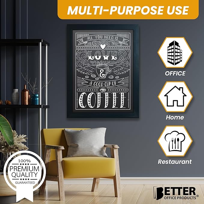 Magnetic Wall Chalkboard, Large Size 18" x 24", Rustic Wood Frame, Chalkboard Sign, Vertical or Horizontal Wall Mount, Includes Chalk and Eraser, by Better Office Products (Solid Black)