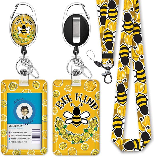 Cute Bee Kind Lanyards for Id Badges, Fashionable Badge Reel Heavy Duty with Carabiner Clip, ID Badge Holder with Lanyard, Nurse Teacher Office Gifts