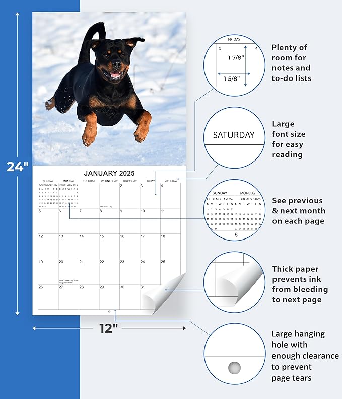 2025 Rottweilers Monthly Wall Calendar | 12" x 24" | Thick Sturdy Paper | Dog Calendar 2024-2025