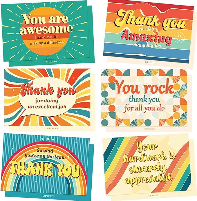 24 Pack Employee Appreciation Gifts Employee Thank you Cards with Envelopes & Stickers 4" x 6" Thank You Business Cards Staff Appreciation Gifts for Team Coworkers Employee Work Anniversary, 6 Designs