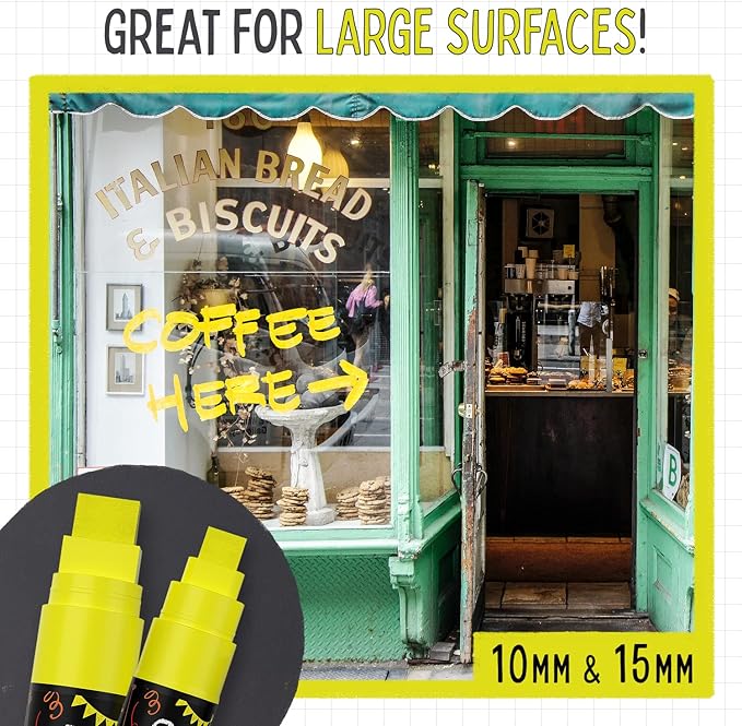 5 Yellow Chalkboard Chalk Markers - Yellow Dry Erase Markers for Blackboard, Chalkboard Signs, Windows, Glass | Variety Pack - Fine & Jumbo Size Ink Pen (1mm, 3mm, 6mm, 10mm, 15mm)