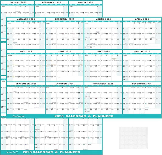 32" x 48" 2025 Wall Calendar, Folded Wet & Dry Erase Wall Calendar 12 Month, Annual Yearly Planner Yearly Laminated Calendar 2025 Horizontal/Vertical, with Julian Dates