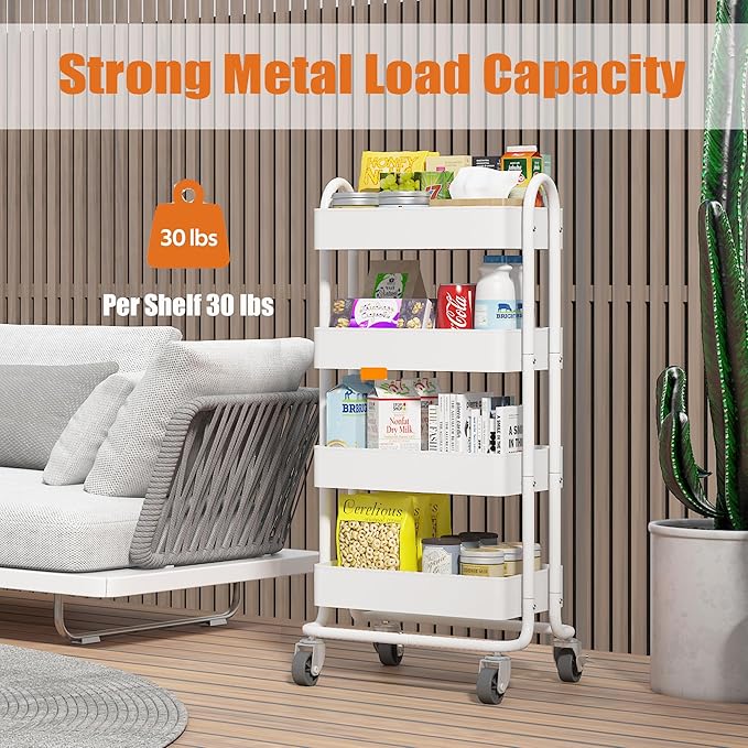 4-Tier White Rolling Cart,Metal Utility Rolling Cart with Handle,Steel Multifunction Rolling Carts with Wheels,Kitchen Storage Carts Suitable for Office,Home,Kitchen,Garden(13.4"x18.1"x40") White