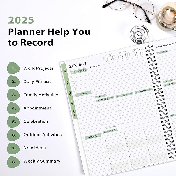 2025 Planner - Weekly & Monthly Planner Notepad 2025, 11.38'' x 8.74'', JAN 2025 - DEC 2025, Appointment Book, 60 Minutes Intervals, Monthly Tabs, Sturdy Cover, Spiral Bound, Back Pockets - Black