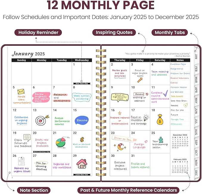 2025 Planner Weekly and Monthly, Jan 2025 - Dec 2025, Hardcover 2025 Calendar Planner Book with Monthly Tabs, Inner Pocket, Aesthetic Planner 2025 for Office Home School Planning - A5 (6.3" x 8.5"), Spiral Bound, Wine Red