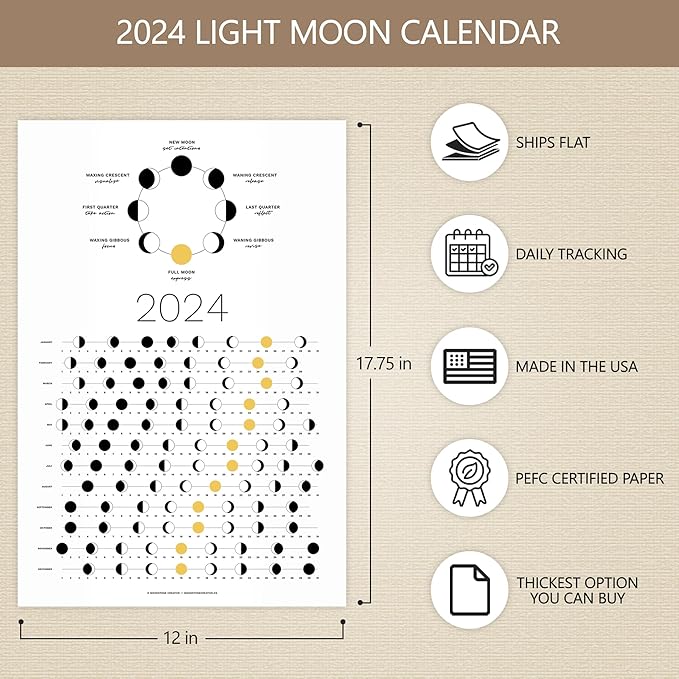 2024 Moon Phase Calendar (SHIPS FLAT) - Hangable Light Lunar Wall Poster - Great as a Unique Gift, Moon Tracking, Wall Décor & Art, Astrology Decorations - A Celestial Calendar - by Thankful Greetings
