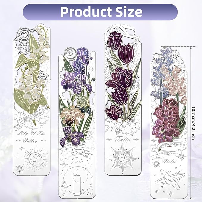 4 PCS Metal Bookmarks, Bookmarks for Reading Women, Pretty Bookmarks for Women, Metal Flower Bookmark, Iris, Tulip, Lily of The Valley, Violet Bookmark(BKM-062-001)