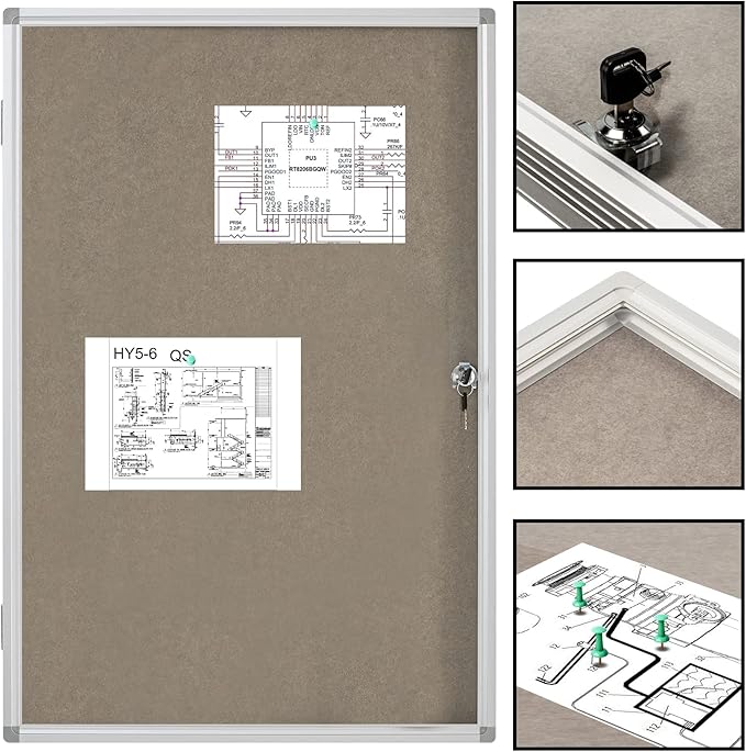 Enclosed Bulletin Board Lockable Display Case Message Board with Locking Door for Indoor, Grey Felt, Aluminum Frame, 36 X 24 in