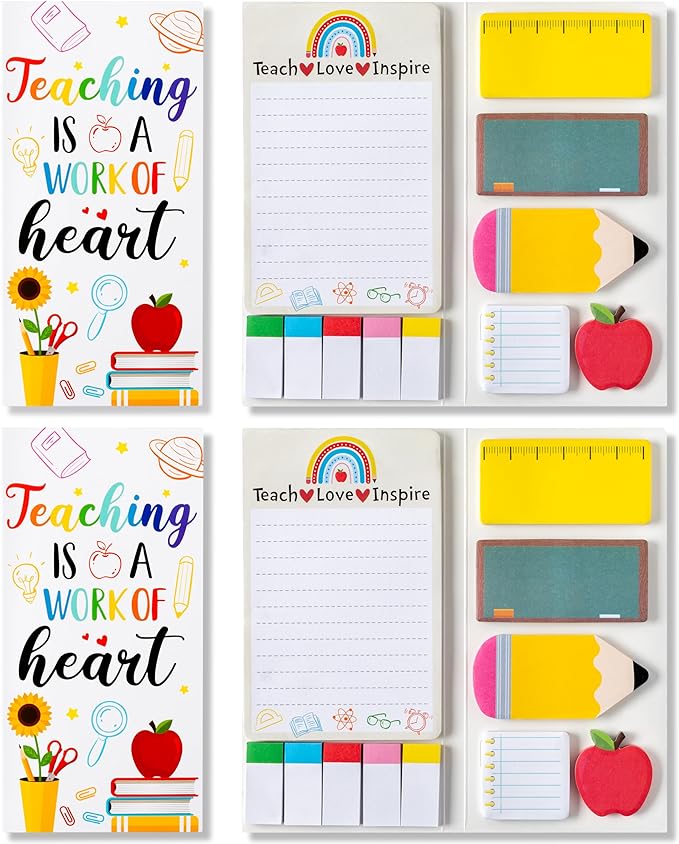 2 Pack Teaching is A Work of Heart Sticky Notes Set - Ruler Blackboard Pencil Apple Self-Stick Note Pads Teacher Appreciation Gift Writing Memo Pads Page Marker Back to School Office Supplies