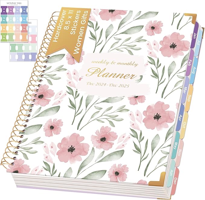 2024-2025 Hardcover Planner Weekly and Monthly 8.5"x11" Large Spiral Bound 2025 Planner for Women Gifts, Dec 2024-Dec 2025 13 Month Calendar Planner with Tabs Pockets Yearly Agenda,Pink