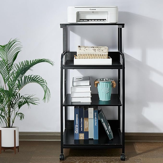 4 Tier Printer Stand with Wheels Printer Table, Multipurpose Office and Home Storage Rack, Removable and Fixed Printer Stand for Fax Machine, Scanner, Roller Cart Stand Black