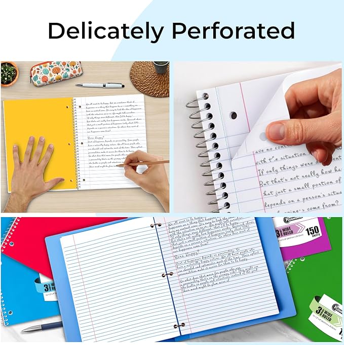 3 Subject Notebook Wide Ruled, 12 Pack, Long Lasting, Extra Pages - 300 Pages (150 Sheets), No-Bleed Thick Paper, 3 Hole Punched, 8x10-1/2, 3 Subject Spiral Notebook for School, Home & Office