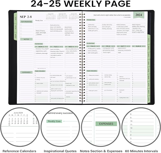 2024-2025 Planner -11.38'' x 8.74'', Weekly & Monthly Planner Notepad, From JUL.2024 - JUN.2025, Appointment Book, 60 Minutes Interval, Monthly Tabs, Faux Soft Leather, Spiral Bound - Black