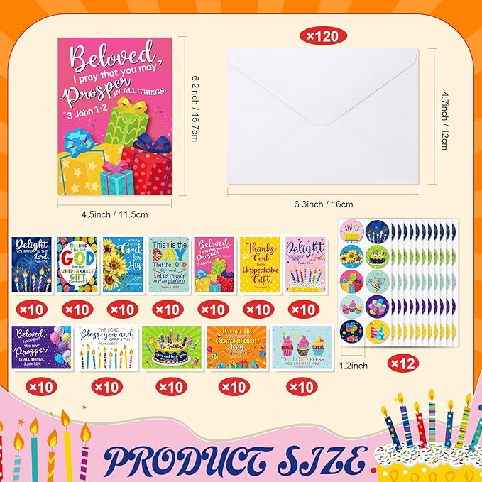 120 Pack Religious Christian Birthday Cards Bulk with Scripture Bible Verse 4.5 x 6.2 Inch Assorted Christian Blessings Greeting Cards for Birthday with Envelopes and Stickers(Classic Style)