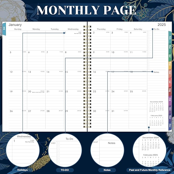 2025 Planner - Planner 2025, 2025 Planner Weekly and Monthly, 9" x 11" (A4 Size), Jan 2025 - Dec 2025, Twin-wire Binding, Holidays, Monthly Tabs, Back Pocket, Habit Tracker