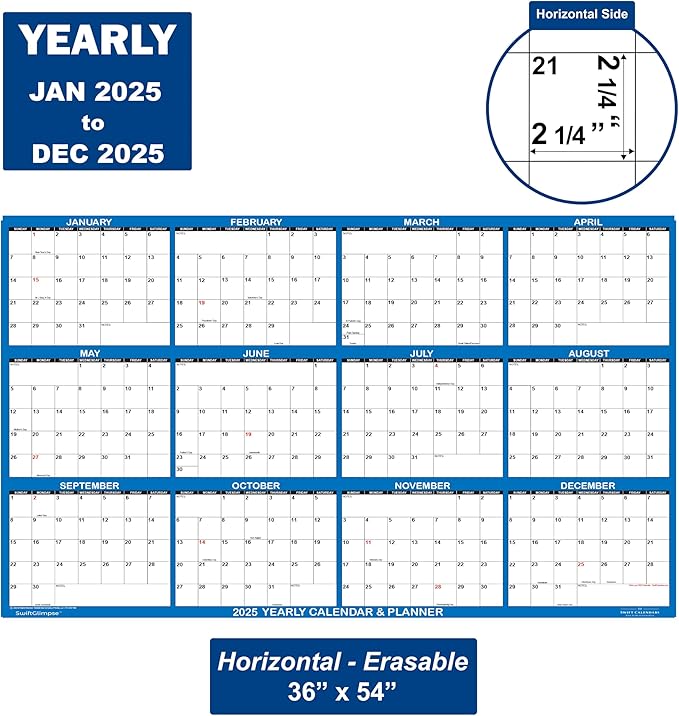 36" x 54" SwiftGlimpse 2025 Wall Calendar Erasable Large Wet & Dry Erase Laminated 12 Month Annual Yearly Wall Planner, Horizontal, Navy