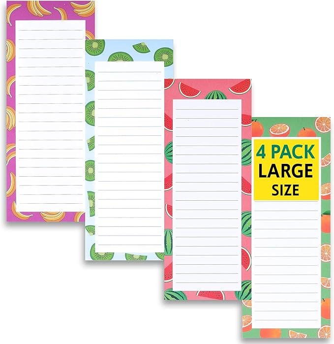 4 Large Magnetic Notepads – Shopping List, To-Do List, Reminders, Grocery List Pads -Strong Full Magnetic Back- Memo Pads with Realistic Fruit Designs | 60 Sheets per Pad 9 x 3.5 inch (4 Pack)