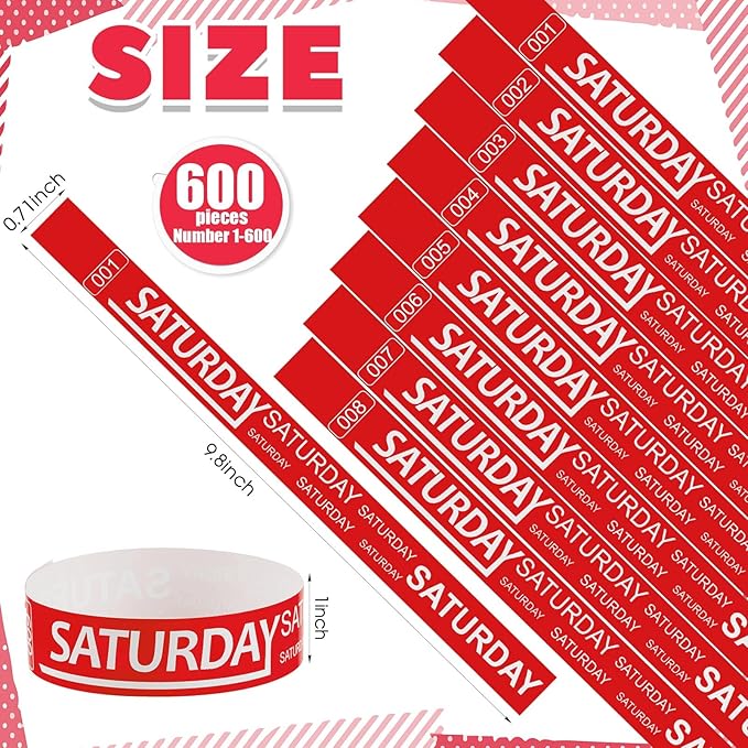 Henoyso 600 Pcs Saturday Paper Wristbands Event Wristbands Paper Bracelets Wristbands Numbered Waterproof Party Wristbands for Events Day of The Week(Red)