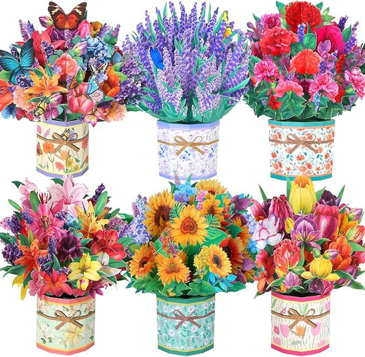 6 Pack Paper Flower Pop Up Cards, Flower Bouquet Card Popup 3D Greeting Cards for Mother's Day, Graduation, Anniversary, Birthday, Congratulations, Get Well, Home Decor, with Envelope and Note