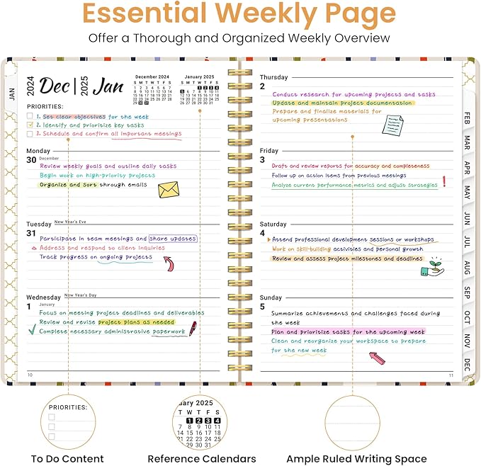 2025 Planner Weekly and Monthly, Jan 2025 - Dec 2025, Hardcover 2025 Calendar Planner Book with Monthly Tabs, Inner Pocket, Aesthetic Planner 2025 for Office Home School Planning - A5 (6.3" x 8.5"), Spiral Bound, Stripes
