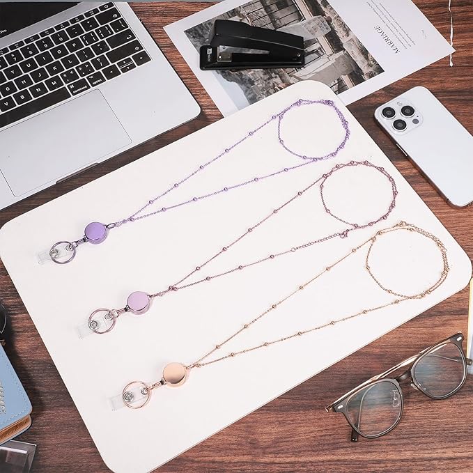 Lanyards for Id Badges 3 Pack Badge Lanyard with 6 Pcs Id Badge Holder Retractable Badge Holders Stainless Steel Teacher Lanyards for Women Cruise Ship Lanyards (Rose Gold, Pink, Purple)