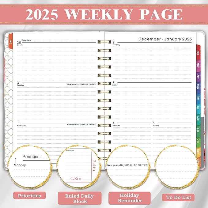 2025 Planner - 2025 Planner Weekly and Monthly with Tabs, Jan. 2025 - Dec. 2025, Calendar Planner 2025, 6.3" x 8.4", Hardcover with Back Pocket + Thick Paper - Pink Flower
