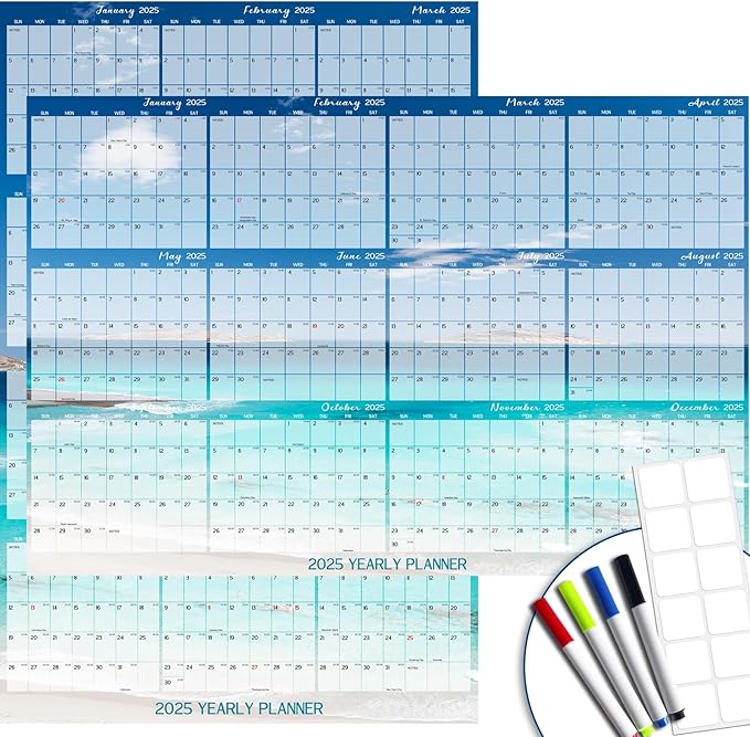 32" x 48" 2025 Wall Calendar Dry Erase - Large Scenery Background Calendar Wet & Dry Erasable Laminated 12 Month Annual Yearly Planner, Reversible, Horizontal/Vertical (2025 Beach Wall Calendar)