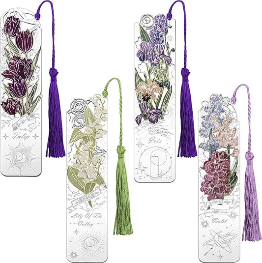 4 PCS Metal Bookmarks with Tassel, Iris, Violet, Tulip, Lily of The Valley Bookmark, Pretty Bookmarks for Women, Very Beautiful Bookmark, Metal Bookmarks Gifts, Graduation Gift(062-2)