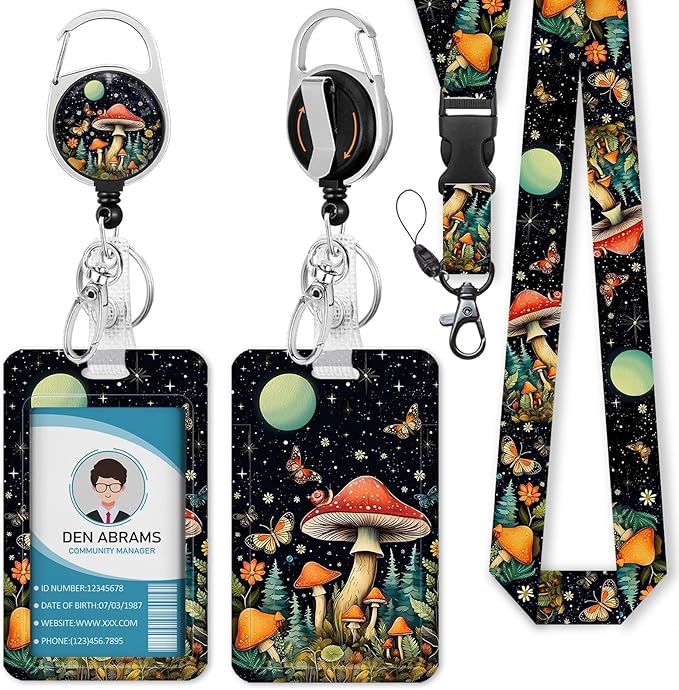 Lanyards for Id Badges, Cute Badge Holder with Retractable Reel Clip, Mushroom Work Name Tag Breakaway Lanyard Vertical ID Card Protector Case for Women Nurse Nursing Doctor Teacher Student