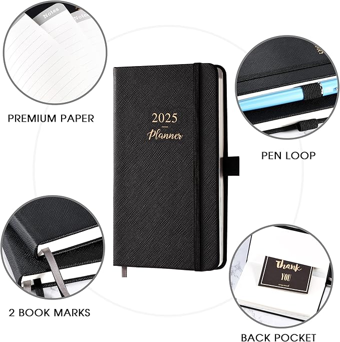 2025 Pocket Planner/Calendar - Pocket Planner 2025, 2025 Weekly & Monthly Pocket Calendar, 6.3''×3.8'', Jan 2025 - Dec 2025, Pen Loop, Back Pocket, Elastic Closure, Note Pages