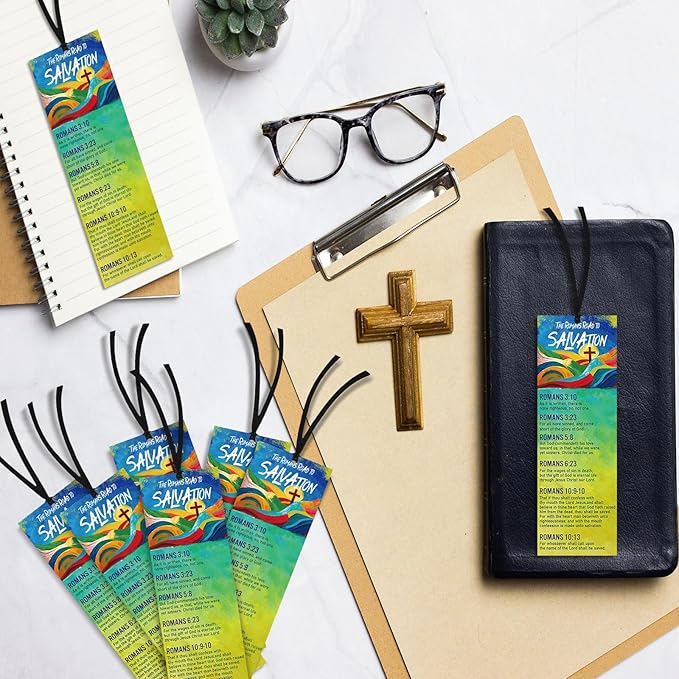 50 Pcs Romans Road to Salvation Bookmarks 6 x 2 Inches Roman's Road Cardstock Bookmark with 50 Pcs Hanging Strings