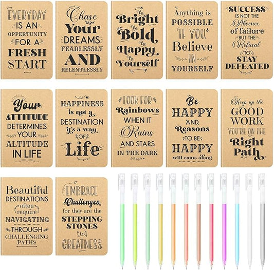 12 Pcs Mini Inspirational Notebooks Bulk with 12 Pcs Colorful Pens, Small Pocket Journal Notepads Set, Motivational Bulk Gifts for Women Men Teacher Student Kids,Fun School Office Supplies,3.5"x5.5"