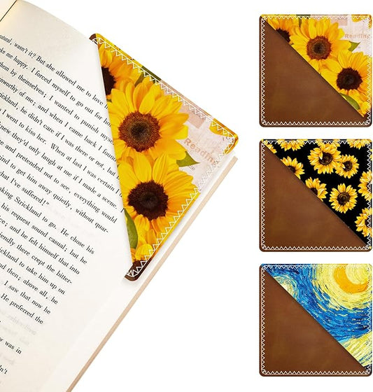 3 Pieces Leather Bookmarks, Personalized & Cute Book Accessories for Reading Lovers, Page Markers for Women Men Girls Boys Student Teacher Kids Retirement Birthday Gifts (Sunflower, Starry Sky)