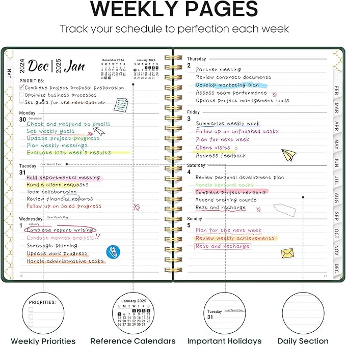 2025 Planner, Weekly and Monthly Planner Spiral Bound, Jan 2025 - Dec 2025, Hardcover 2025 Calendar Planner Book with Tabs, Inner Pocket, Perfect for Office Home School Supplies - A5 (6.3" x 8.5"), Green
