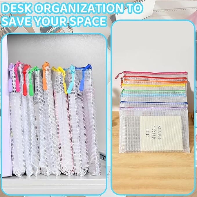 24pcs Mesh Zipper Pouch Bags, A5 9.4 x 6.9 Inches Reusable Zipper Bags Puzzle Storage Organizer 8 Colors Multipurpose for Travel Board Games Office Supplies and Home Organization