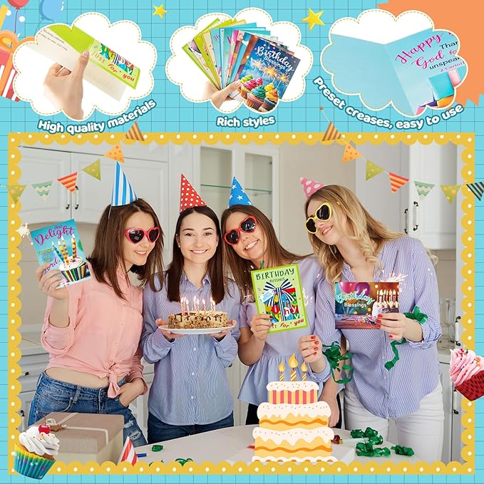 120 Pack Religious Christian Birthday Cards Bulk with Scripture Bible Verse 4.5 x 6.2 Inch Assorted Christian Blessings Greeting Cards for Birthday with Envelopes and Stickers (Bright Style)