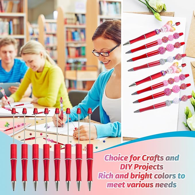 15 Pieces Beadable Pens - Beaded Pens Plastic Diy Black Ink Ballpoint Pens Bulk - Bead Pens Suitable For Teacher, Students, Office, School, Graduation Gift Supplies（Red）