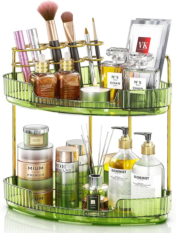 2-Tier Corner Bathroom Counter Organizer Makeup Cosmetic Storage, Tool-Free Installation Acrylic Vanity Shelf, Skin Care Organizer Perfume Tray for Countertop Bathroom, Dresser, Kitchen (Green)