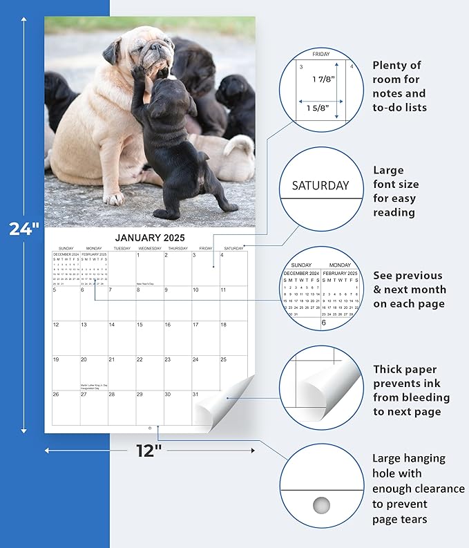 2025 Pugs Monthly Wall Calendar | 12" x 24" | Thick Sturdy Paper | Dog Calendar 2024-2025 (Pugs)