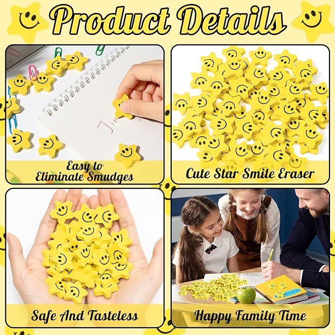 120pcs Star with Smile Face Mini Erasers Fun Smiley Face Yellow Cartoon Eraser Assortment Cute Smiling Desk Puzzle Erasers for Kids School Carnival Reward Student Prizes Birthday Gifr Filler