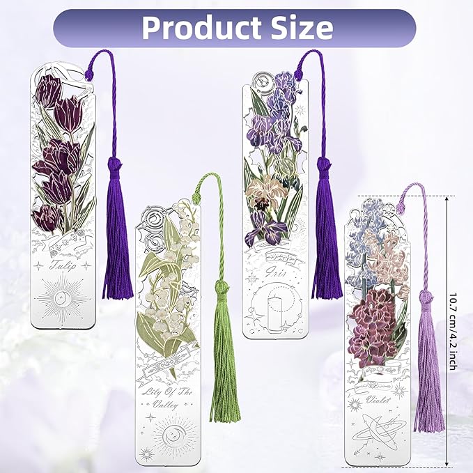 4 PCS Metal Bookmarks with Tassel, Iris, Violet, Tulip, Lily of The Valley Bookmark, Pretty Bookmarks for Women, Very Beautiful Bookmark, Metal Bookmarks Gifts, Graduation Gift(062-2)