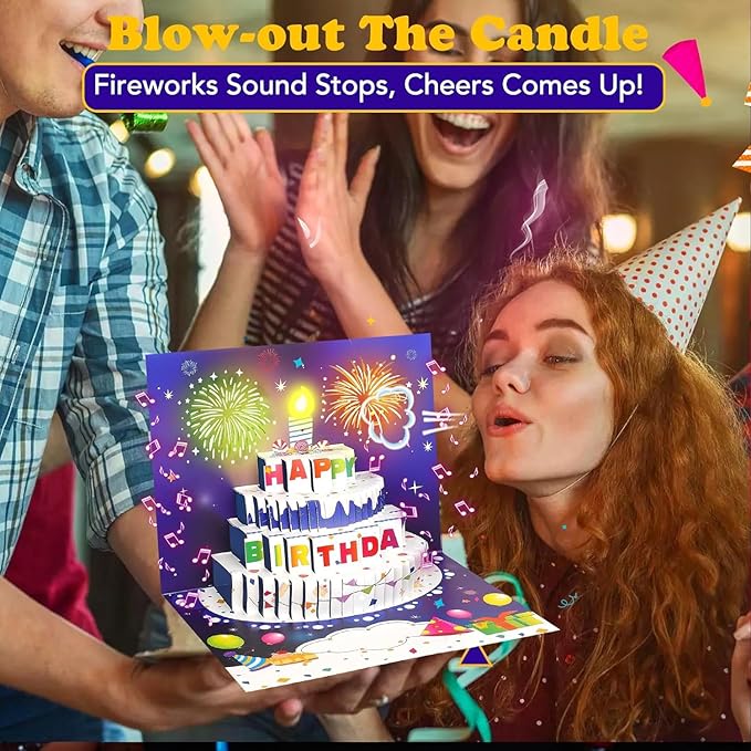 3D Pop-Up Birthday Card with LED Lights & Blowable Candle – Interactive Music Greeting Card for Women, Men, Kids Blue