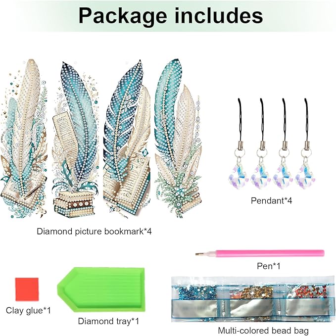 4-Piece 5D Diamond Painting Bookmarks Set, DIY Craft Kit with Rhinestones – Creative Artistic Peacock Feather Design, Diamond Art Craft Bookmarks with Tassels for Adults, Perfect for Gifts