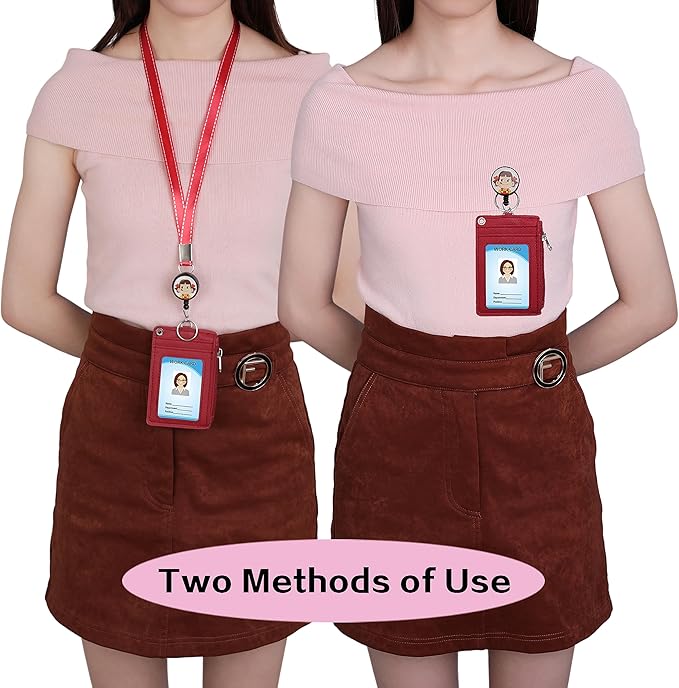 Cute ID Badge Holder Retractable Lanyard Reel Clip with Heavy Duty Carabiner, 5 Card Slots in 2 Sided with Key Ring and Zipper for Women Students Teens Girls Office Staff (Red Girl)