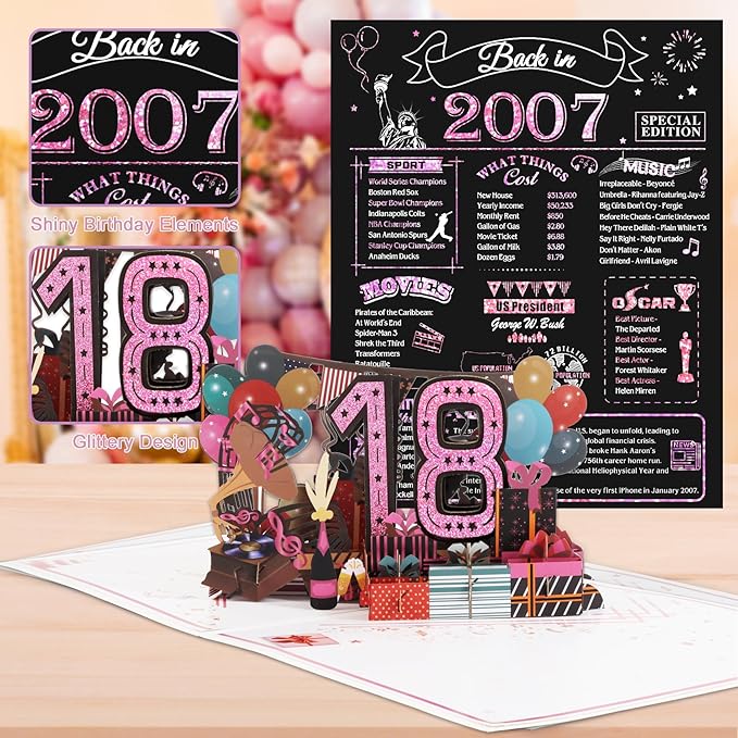 18th Birthday Card for Girls Her, Jumbo 3D Pop Up Sweet 18th Birthday Gifts Cards, Back In 2007 Happy 18 Year Old Birthday Decorations Cards Card for Daughter Granddaughter, Rose Gold