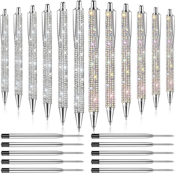 12Pcs Rhinestone Metal Ballpoint Pens Bling Pens Bulk Fancy Sparkly Crystal Diamond Pens Press Retractable Black Ink 0.7mm For Women Office Meeting Birthday Supplies Wedding Gifts(2colors)