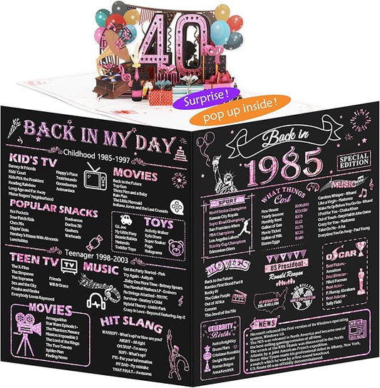 40th Birthday Card for Women Her, Jumbo 3D Pop Up 40th Birthday Gifts, Back In 1985 Happy 40 Year Old Sister Birthday Decorations Cards Card for Wife, Rose Gold