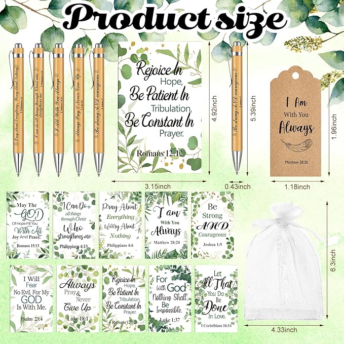 200 Pcs Bible Verse Sets Church Christian Gift Include 50 Scripture Notebooks 50 Bible Bamboo Pens 50 Thanks Tags 50 Organza Bags for Women Man Christian Party Gifts(Green,Vibrant)