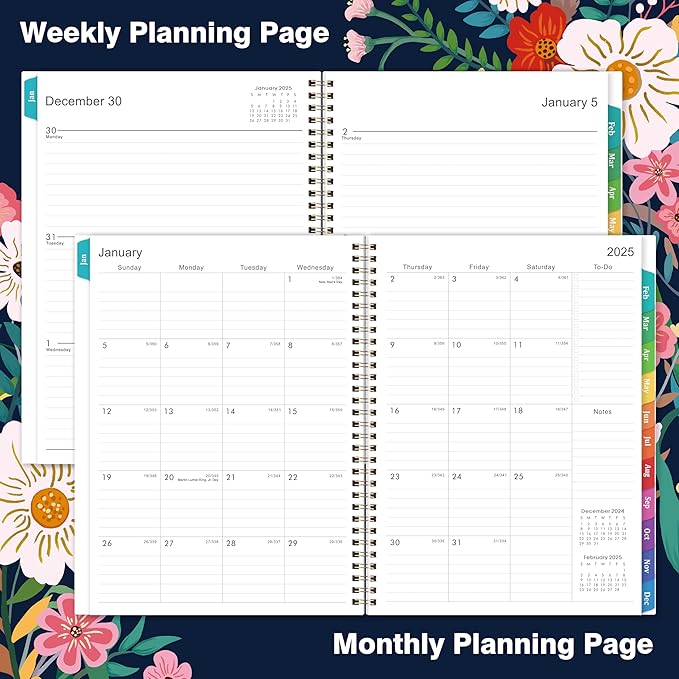 2025 Planner - 2025 Planner Weekly and Monthly, 2025 Weekly Planner 8.5 x 11, 12 Monthly Calendar Planner with Colorful Tabs, Inner Pocket and Floral Cover